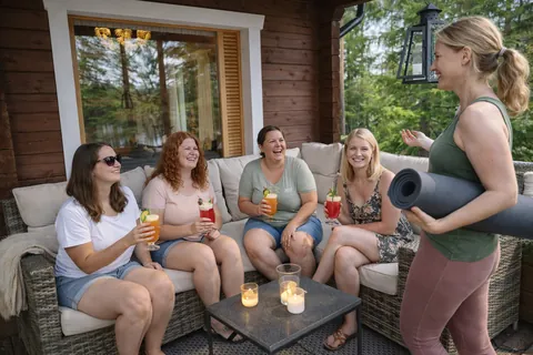 Donne sedute insieme su una terrazza coperta