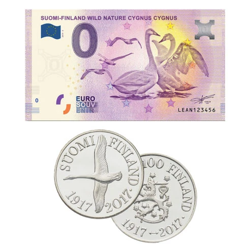 Null-Euro-Souvenirschein und Medaille mit Singschwanmotiv