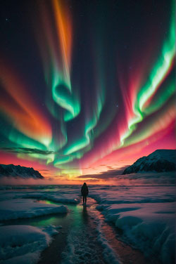 Grüne und rötliche Nordlichter über einer Winterlandschaft