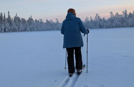 Person mit Stöcken auf einer verschneiten Fläche