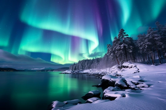 Grüne Nordlichter über einem zugefrorenen See und verschneitem Wald in Finnisch-Lappland